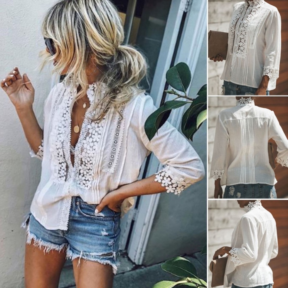NWT 3/4 Sleeve Lightweight Lace Boho Top - Picture 3 of 8